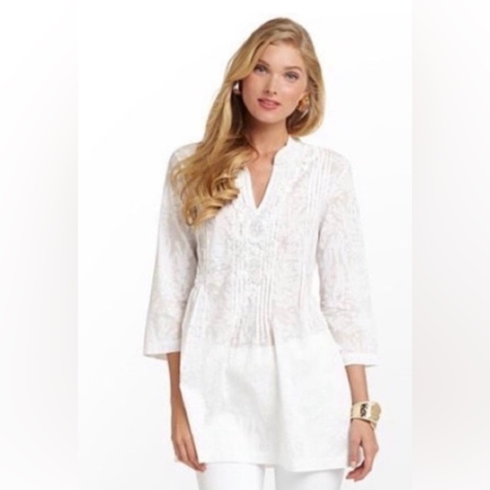 Lilly Pulitzer Sarasota Tunic 100% Cotton Embroidered Beaded Resort White Medium